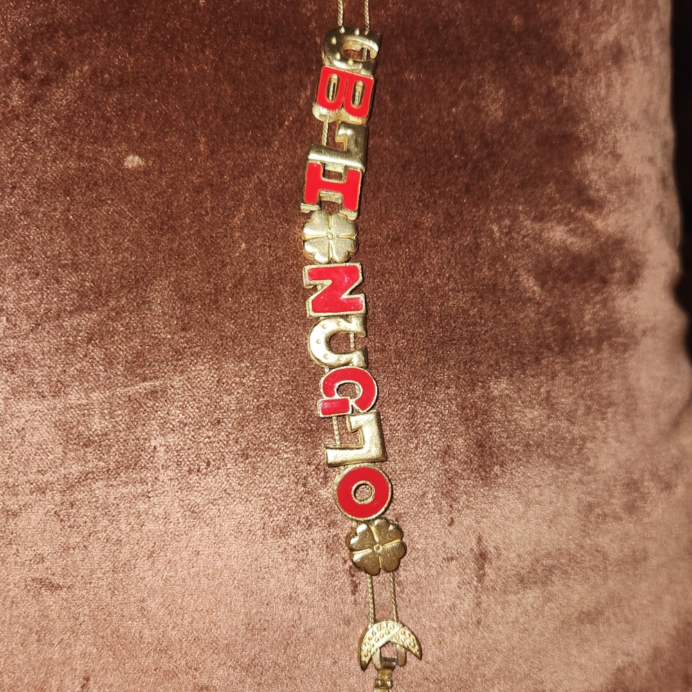 Vintage Bingo Bracelet B-I-N-G-O Slide Letter Charms Red Enamel, 7.5"